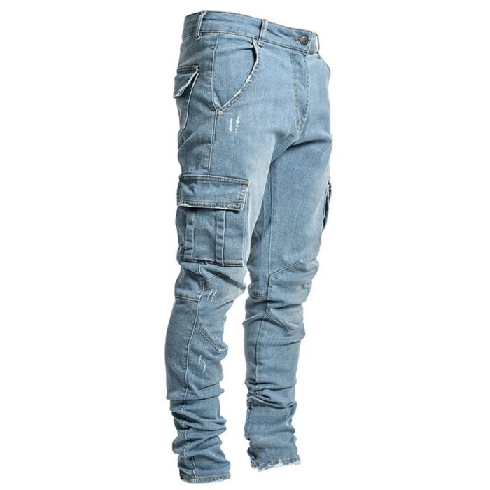 Fashion Streetwear Ripped Skinny Jeans Men Side Mulit Pockets Denim Cargo Pants Slim Fit Pantalones Hombre Soft Elastic Joggers - Image 1
