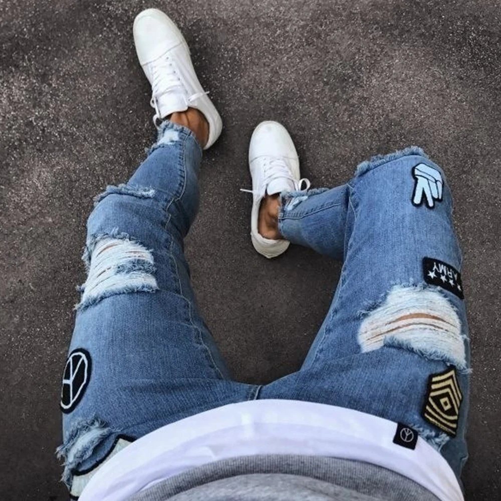 White Embroidery Skinny Ripped Jeans Men Cotton Stretchy Hole Slim Fit Hip Hop Denim Pants Casual Jeans for Men Jogging Trousers White Embroidery Skinny Ripped Jeans Men Cotton Stretchy Hole Slim Fit Hip Hop Denim Pants Casual Jeans for Men Jogging Trousers