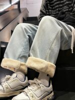 Winter Men's Jeans Korean Fashion Fleece Liner Thick Warm Straight Denim Pants Washed Cotton Retro Blue Wide Leg Jean Trousers - Image 5