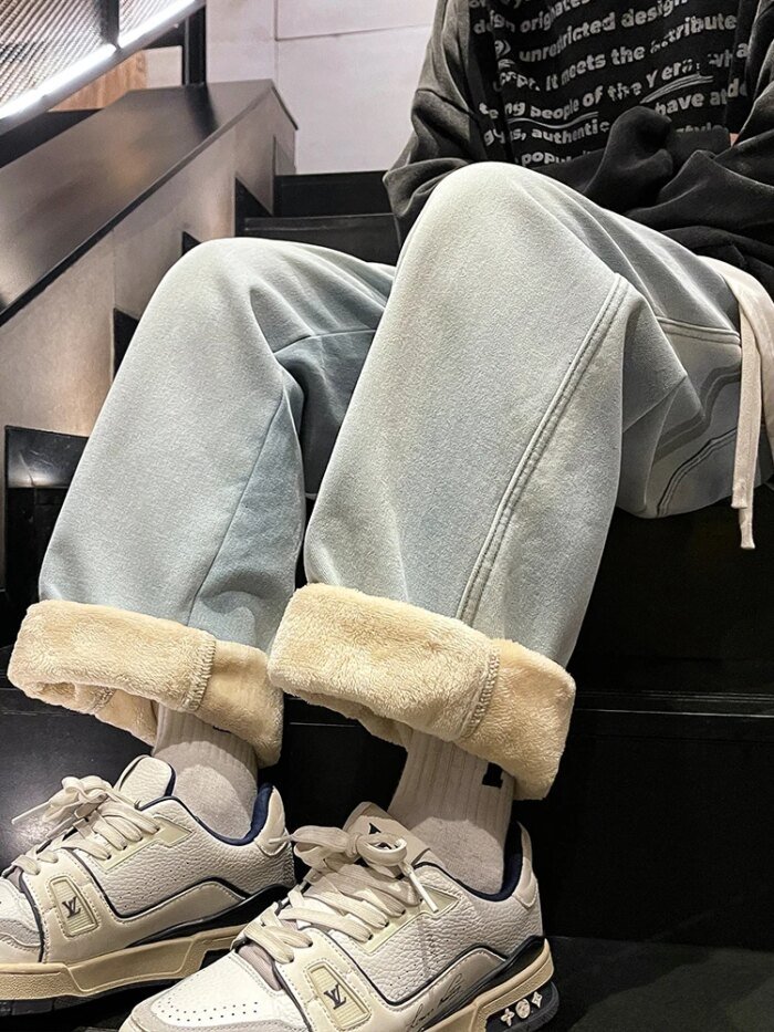 Winter Men's Jeans Korean Fashion Fleece Liner Thick Warm Straight Denim Pants Washed Cotton Retro Blue Wide Leg Jean Trousers - Image 5