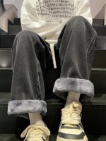 Winter Men's Jeans Korean Fashion Fleece Liner Thick Warm Straight Denim Pants Washed Cotton Retro Blue Wide Leg Jean Trousers - Image 3