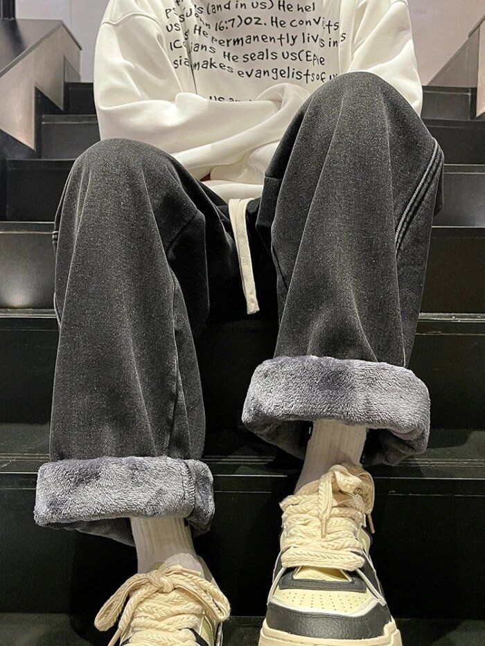 Winter Men's Jeans Korean Fashion Fleece Liner Thick Warm Straight Denim Pants Washed Cotton Retro Blue Wide Leg Jean Trousers - Image 3