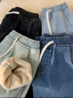 Winter Men's Jeans Korean Fashion Fleece Liner Thick Warm Straight Denim Pants Washed Cotton Retro Blue Wide Leg Jean Trousers - Image 2