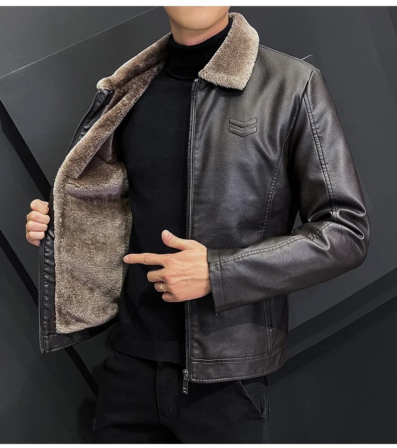 Vintage Brown Leather Jacket Men's Winter Faux Fur Collar Windproof Warm Coat Men's Luxury Clothing Brand chaqueta cuero hombre Vintage Brown Leather Jacket Men's Winter Faux Fur Collar Windproof Warm Coat Men's Luxury Clothing Brand chaqueta cuero hombre