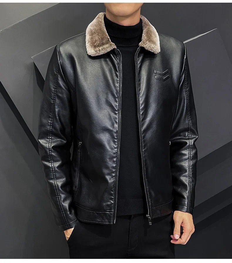 Vintage Brown Leather Jacket Men's Winter Faux Fur Collar Windproof Warm Coat Men's Luxury Clothing Brand chaqueta cuero hombre Vintage Brown Leather Jacket Men's Winter Faux Fur Collar Windproof Warm Coat Men's Luxury Clothing Brand chaqueta cuero hombre