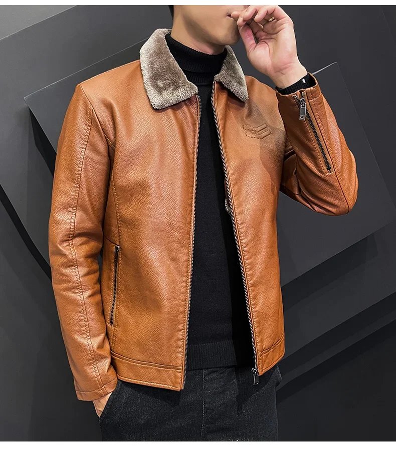 Vintage Brown Leather Jacket Men's Winter Faux Fur Collar Windproof Warm Coat Men's Luxury Clothing Brand chaqueta cuero hombre Vintage Brown Leather Jacket Men's Winter Faux Fur Collar Windproof Warm Coat Men's Luxury Clothing Brand chaqueta cuero hombre