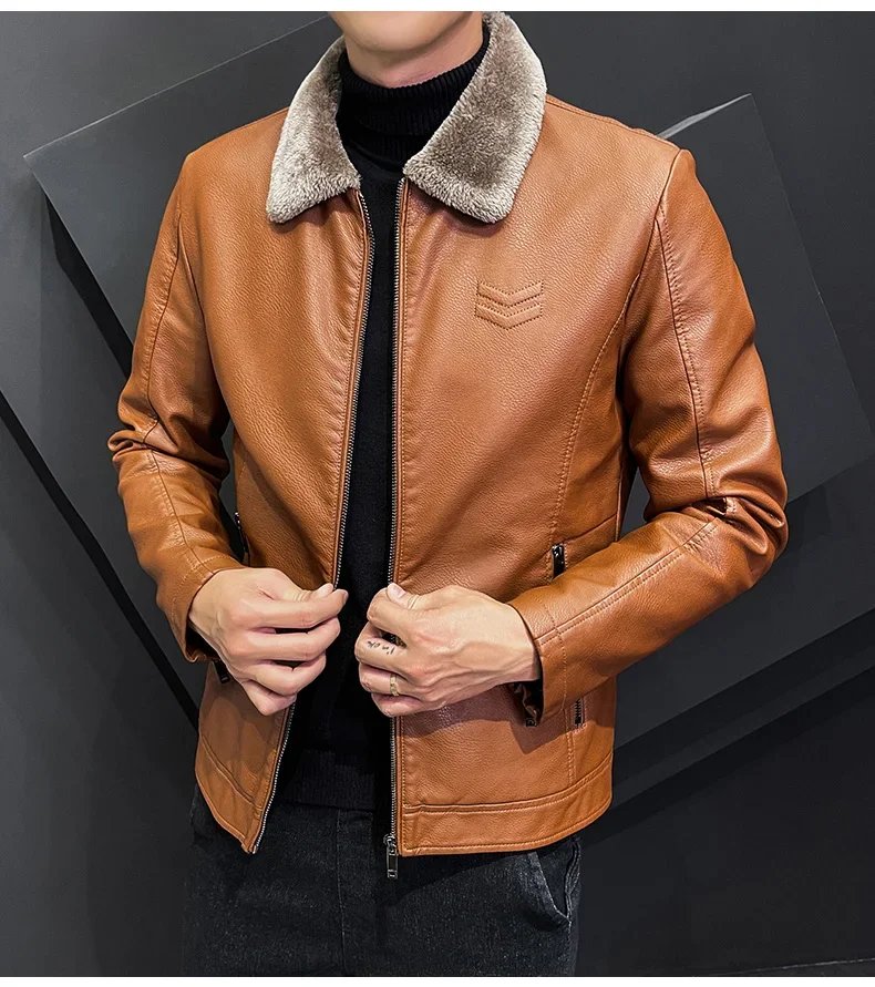 Vintage Brown Leather Jacket Men's Winter Faux Fur Collar Windproof Warm Coat Men's Luxury Clothing Brand chaqueta cuero hombre Vintage Brown Leather Jacket Men's Winter Faux Fur Collar Windproof Warm Coat Men's Luxury Clothing Brand chaqueta cuero hombre