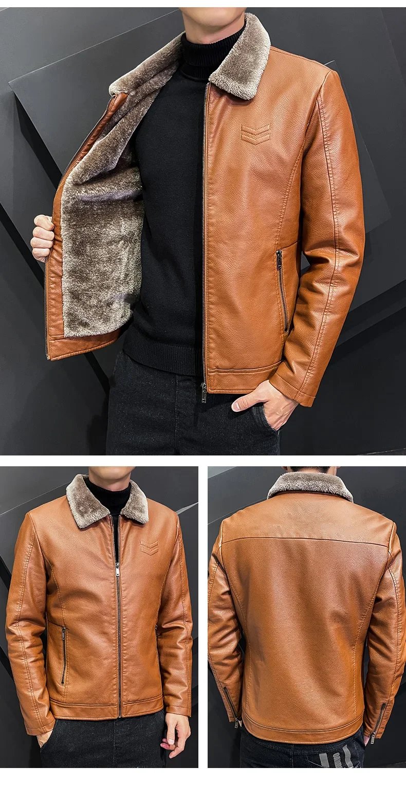 Vintage Brown Leather Jacket Men's Winter Faux Fur Collar Windproof Warm Coat Men's Luxury Clothing Brand chaqueta cuero hombre Vintage Brown Leather Jacket Men's Winter Faux Fur Collar Windproof Warm Coat Men's Luxury Clothing Brand chaqueta cuero hombre