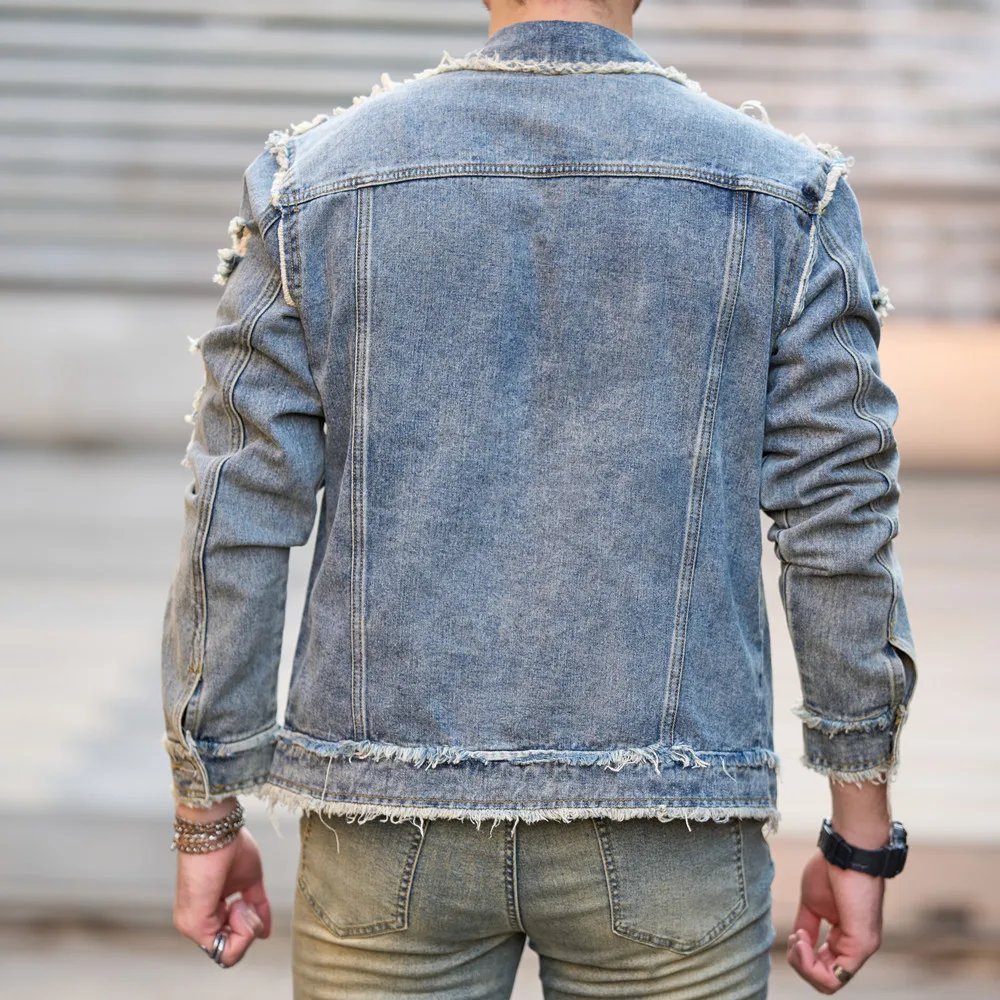 New Men Autumn Streetwear Fashion Solid Ripped Slim Denim Jacket High quality Male Holes Casual Jacket Coat