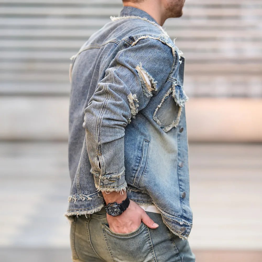 New Men Autumn Streetwear Fashion Solid Ripped Slim Denim Jacket High quality Male Holes Casual Jacket Coat