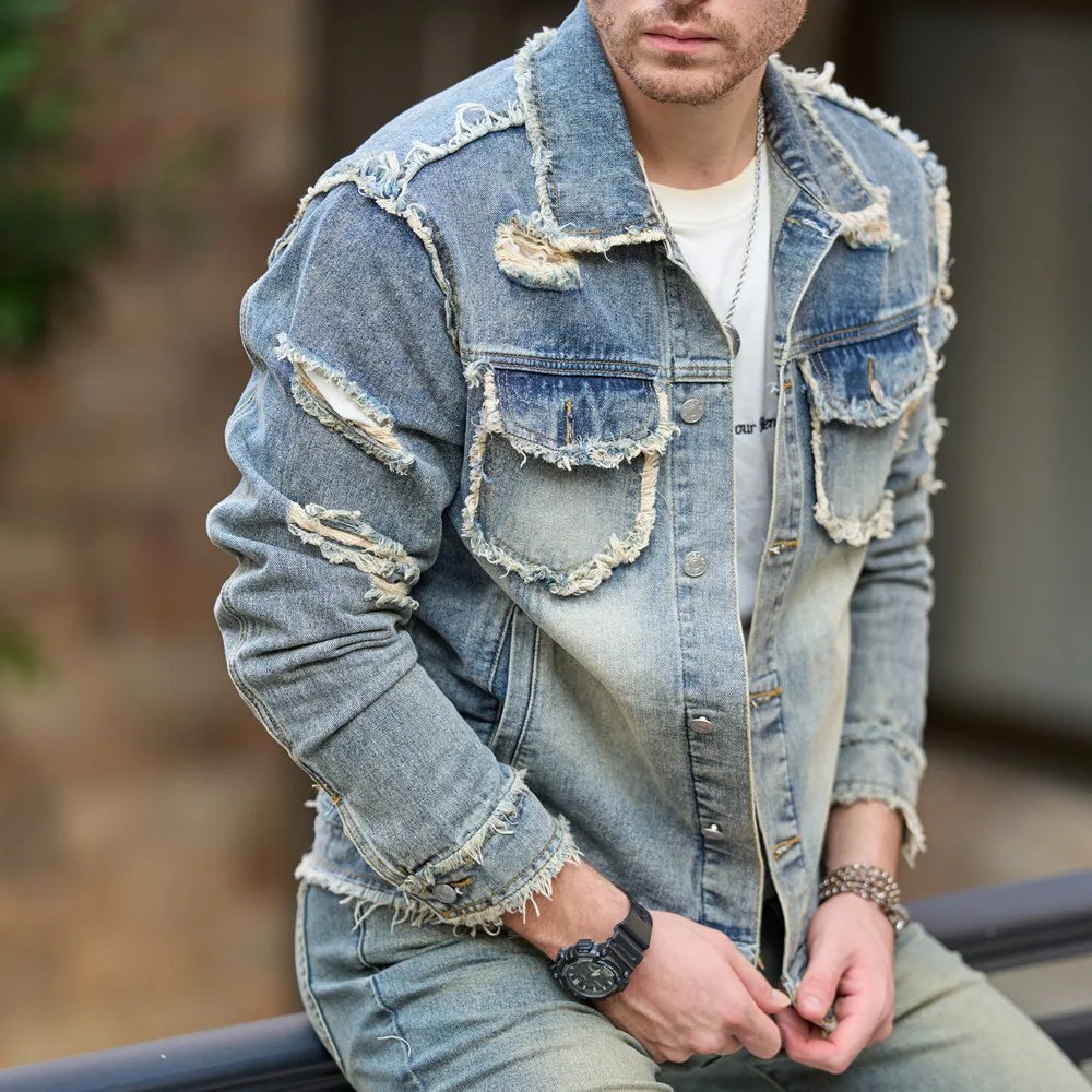 New Men Autumn Streetwear Fashion Solid Ripped Slim Denim Jacket High quality Male Holes Casual Jacket Coat