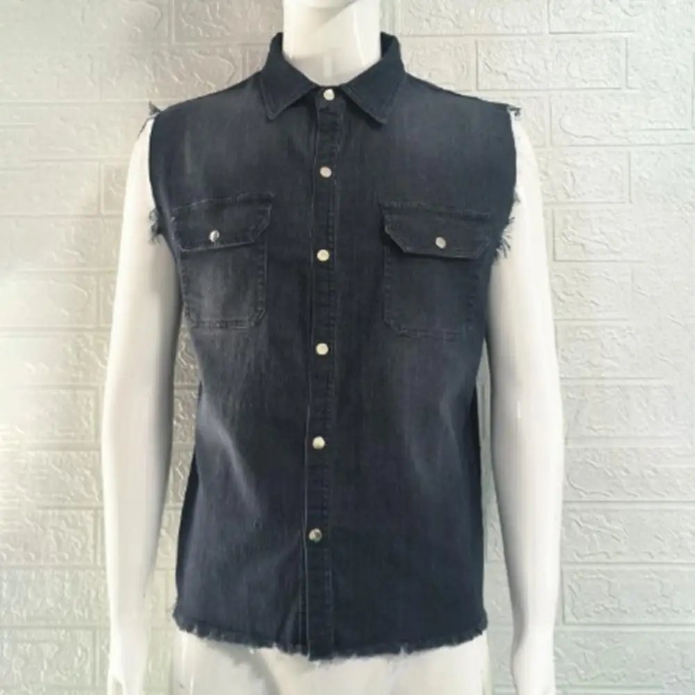 Lapel Sleeveless Vest Jacket Single-breasted Flap Pockets Tassel Men Summer Solid Color Denim Shirt Streetwear Show  Body Muscle