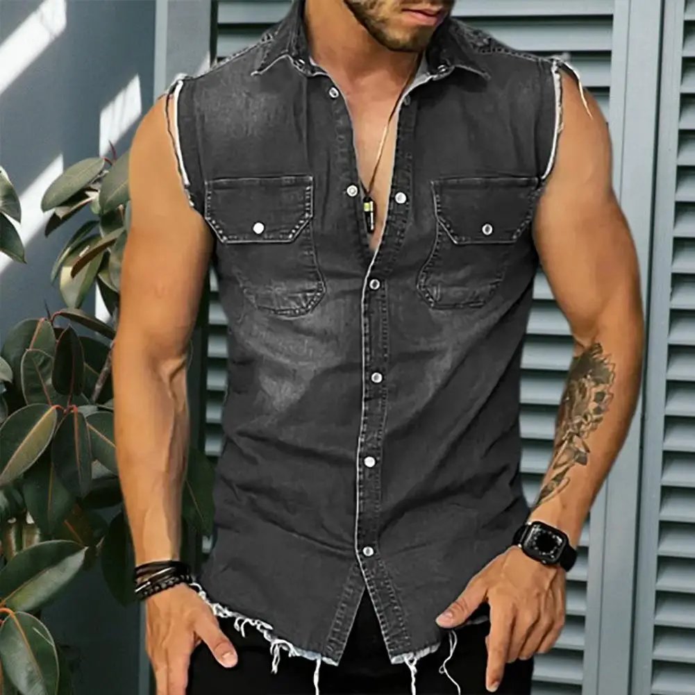 Lapel Sleeveless Vest Jacket Single-breasted Flap Pockets Tassel Men Summer Solid Color Denim Shirt Streetwear Show  Body Muscle