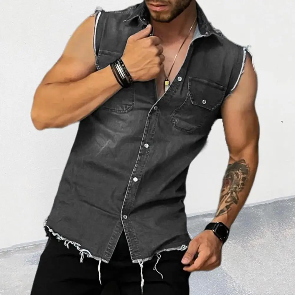 Lapel Sleeveless Vest Jacket Single-breasted Flap Pockets Tassel Men Summer Solid Color Denim Shirt Streetwear Show  Body Muscle