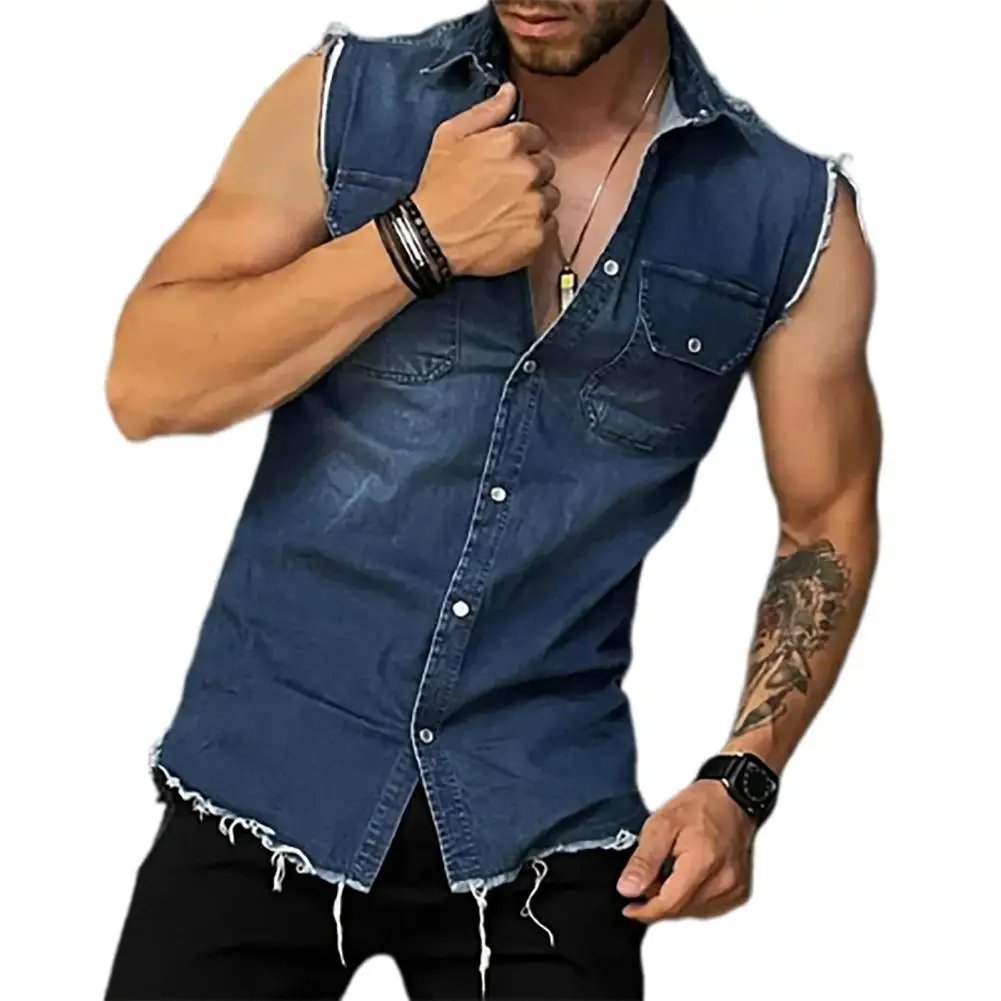 Lapel Sleeveless Vest Jacket Single-breasted Flap Pockets Tassel Men Summer Solid Color Denim Shirt Streetwear Show  Body Muscle