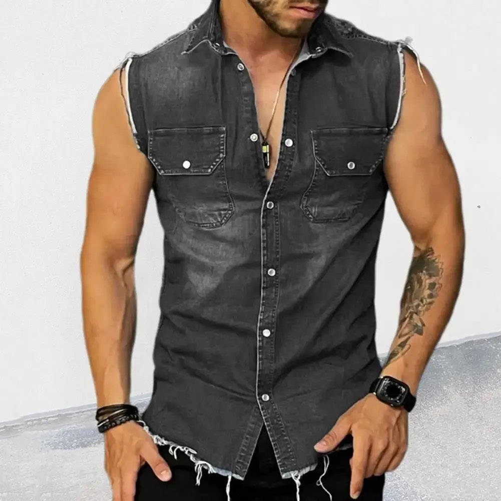 Lapel Sleeveless Vest Jacket Single-breasted Flap Pockets Tassel Men Summer Solid Color Denim Shirt Streetwear Show  Body Muscle