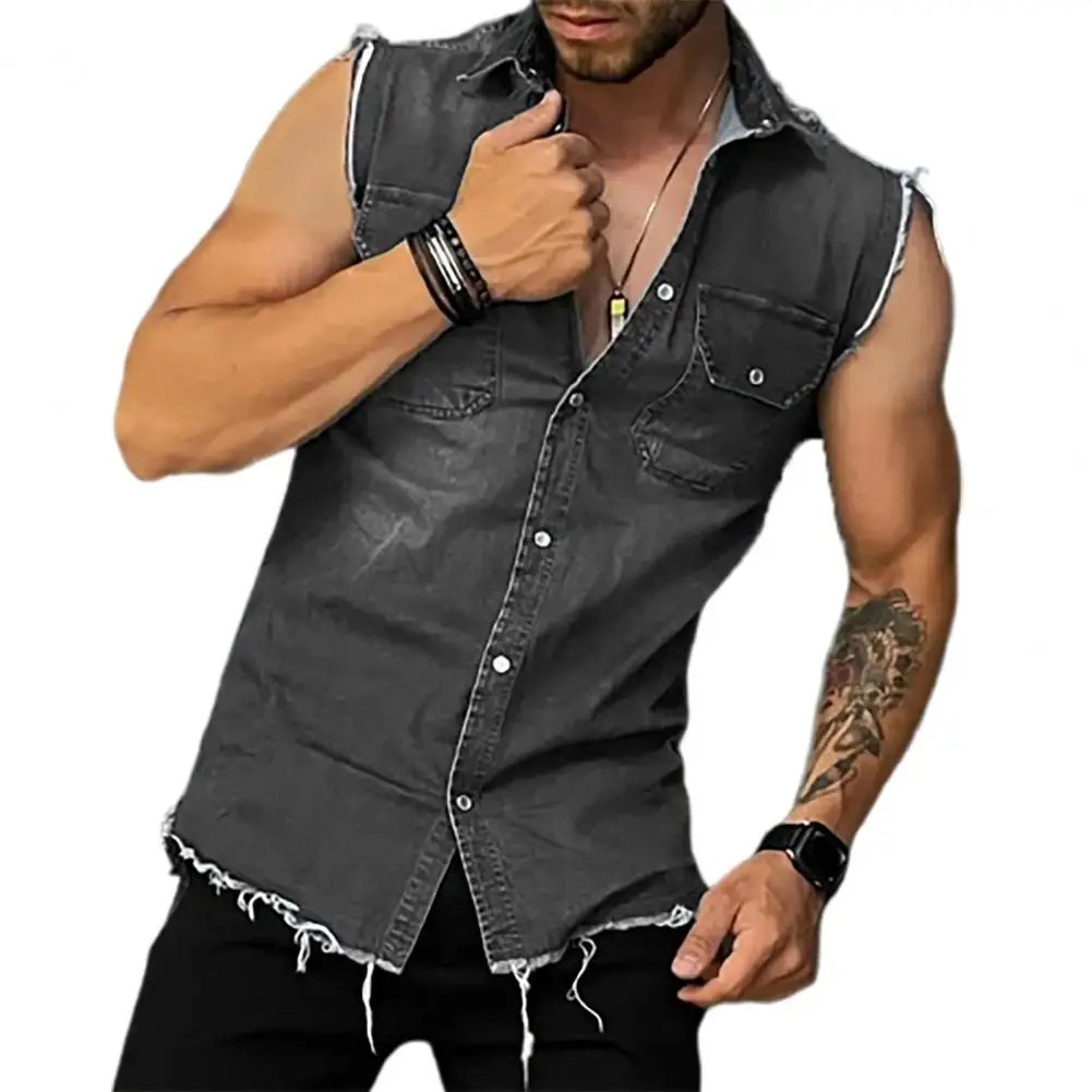 Lapel Sleeveless Vest Jacket Single-breasted Flap Pockets Tassel Men Summer Solid Color Denim Shirt Streetwear Show  Body Muscle