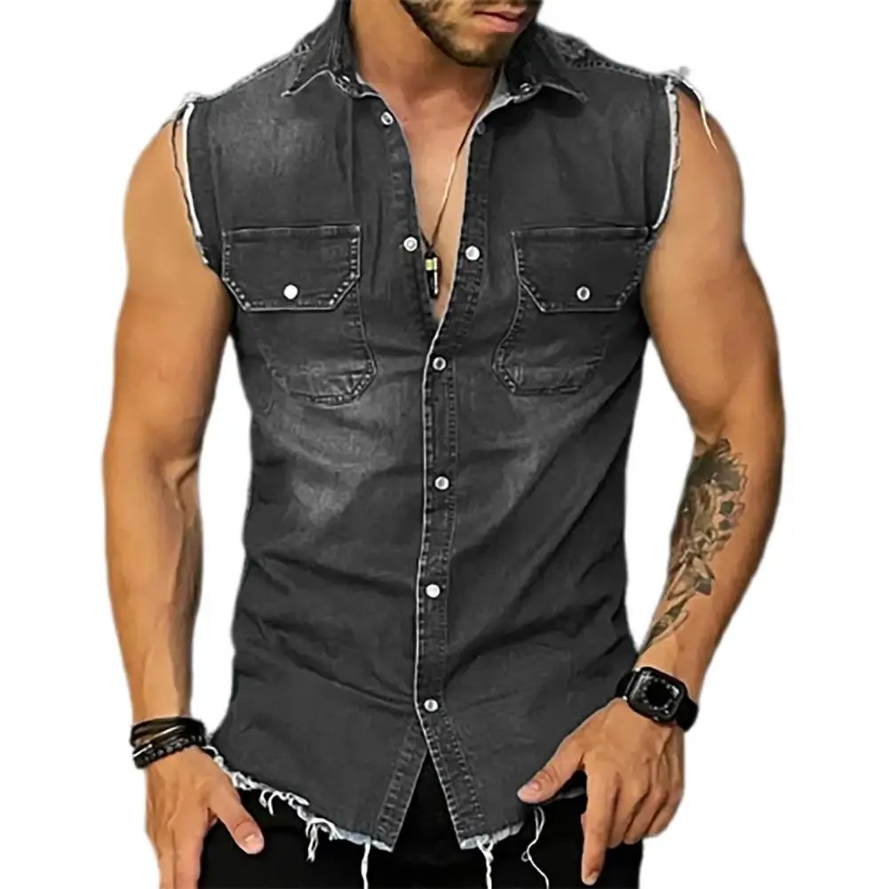 Lapel Sleeveless Vest Jacket Single-breasted Flap Pockets Tassel Men Summer Solid Color Denim Shirt Streetwear Show  Body Muscle