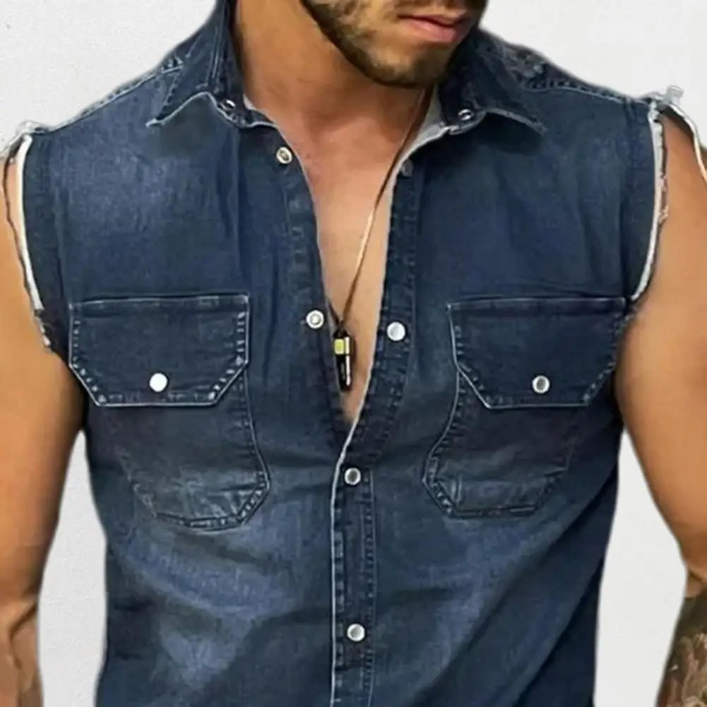 Lapel Sleeveless Vest Jacket Single-breasted Flap Pockets Tassel Men Summer Solid Color Denim Shirt Streetwear Show  Body Muscle