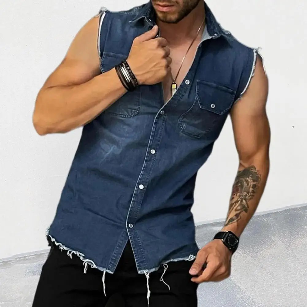 Lapel Sleeveless Vest Jacket Single-breasted Flap Pockets Tassel Men Summer Solid Color Denim Shirt Streetwear Show  Body Muscle