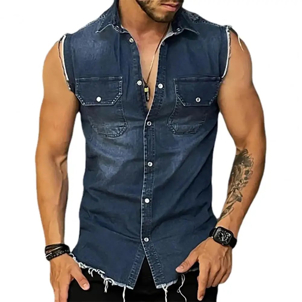 Lapel Sleeveless Vest Jacket Single-breasted Flap Pockets Tassel Men Summer Solid Color Denim Shirt Streetwear Show  Body Muscle