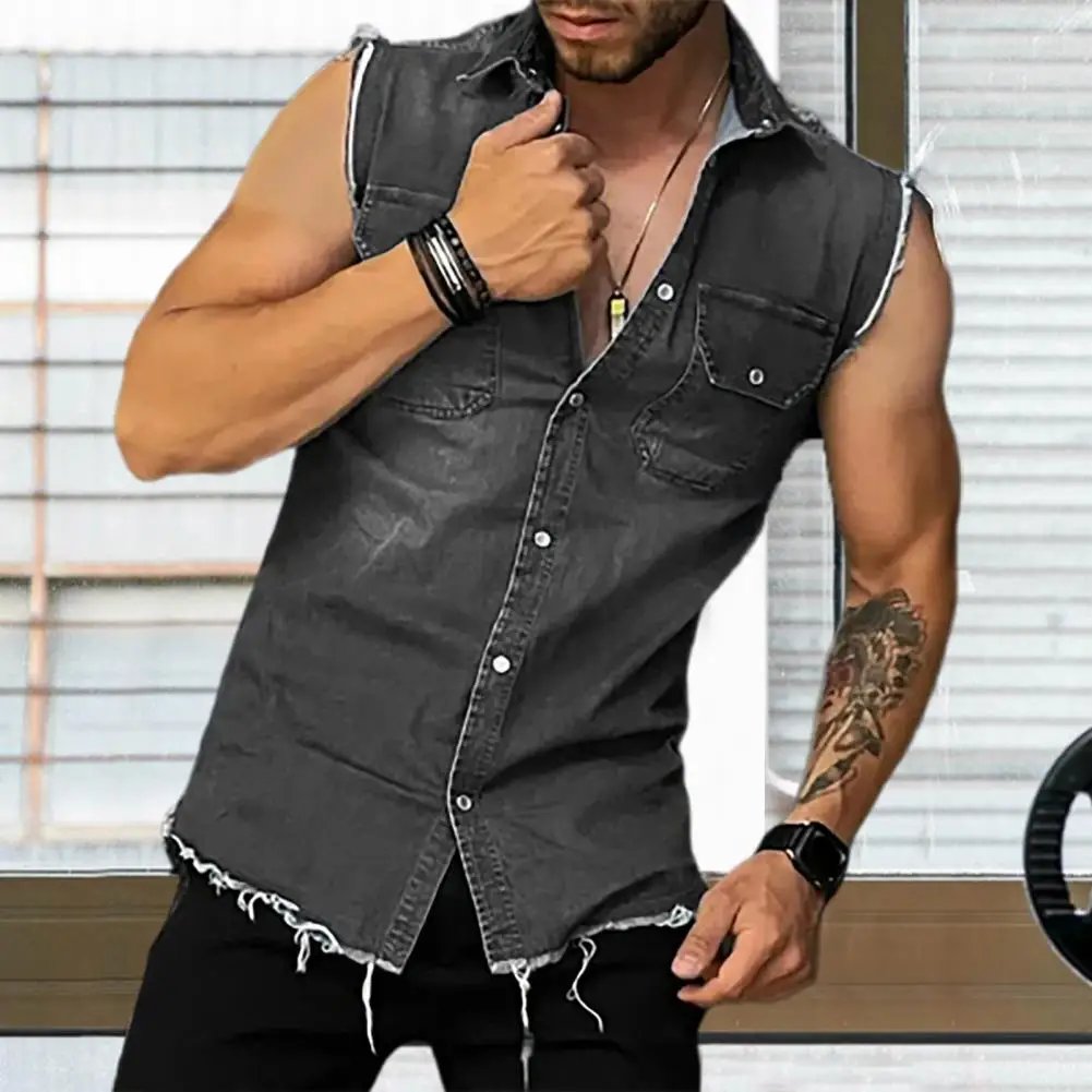 Lapel Sleeveless Vest Jacket Single-breasted Flap Pockets Tassel Men Summer Solid Color Denim Shirt Streetwear Show  Body Muscle