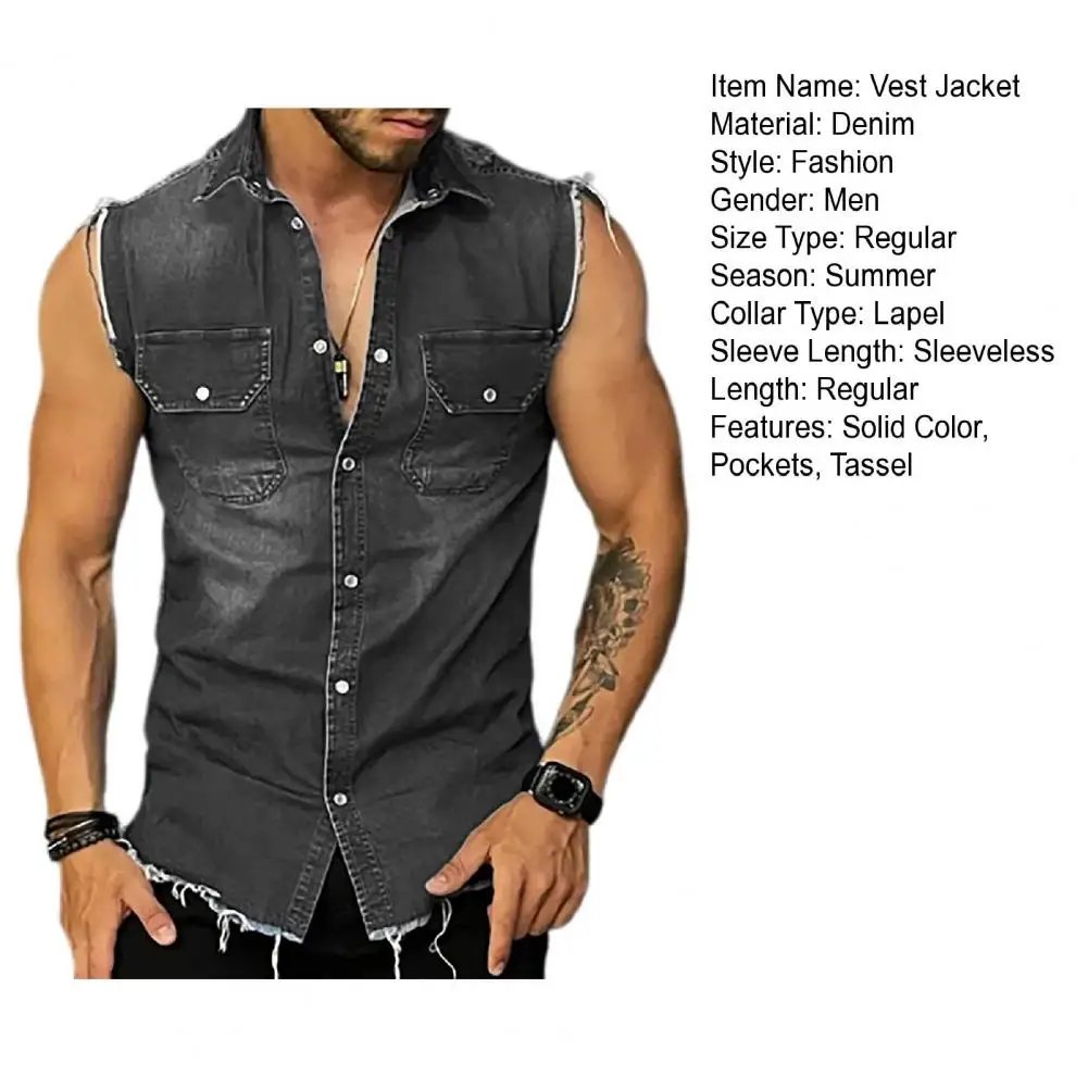 Lapel Sleeveless Vest Jacket Single-breasted Flap Pockets Tassel Men Summer Solid Color Denim Shirt Streetwear Show  Body Muscle