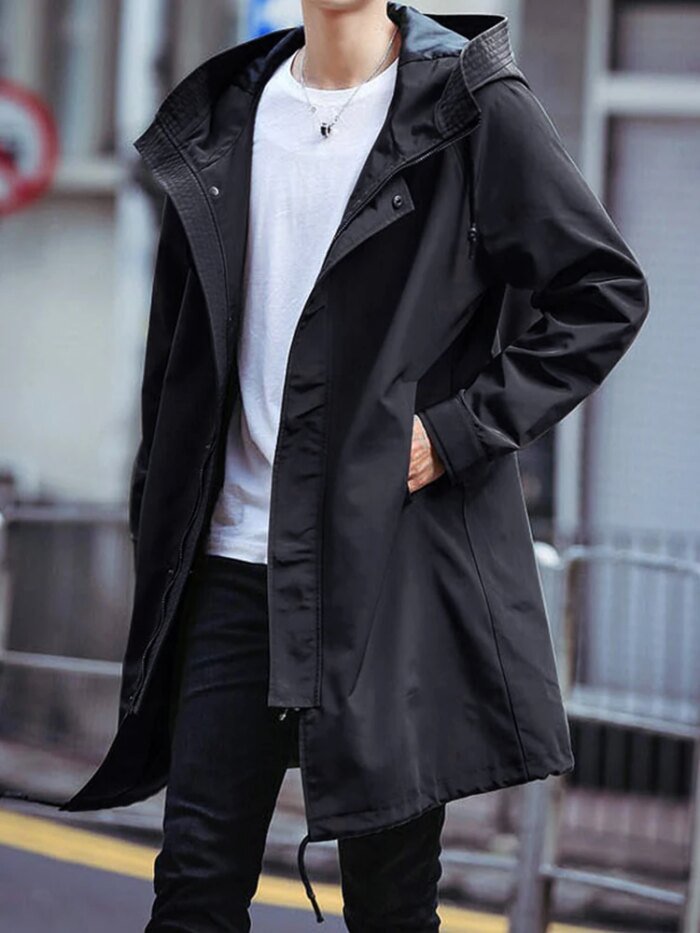 Spring Autumn Long Trench Coat Men Fashion Hooded Windbreaker Black Overcoat Casual Jackets - Image 1