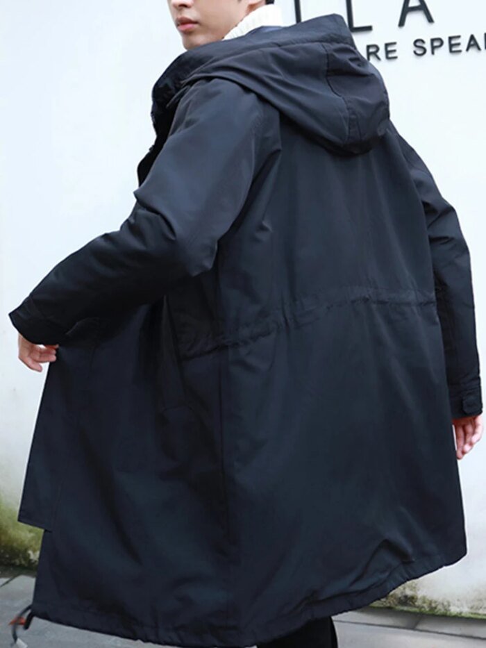Spring Autumn Long Trench Coat Men Fashion Hooded Windbreaker Black Overcoat Casual Jackets - Image 2