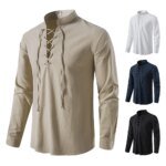 New Men's Casual Blouse Cotton Linen Shirt Tops Long Sleeve Tee Shirt Spring Autumn Slanted Placket Vintage Yoga Shirts - Image 2