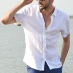 Men's Casual Short Sleeve Shirt Street Wear Lapel Button Solid Color Cotton Linen Shirt for Men Vintage Vacation