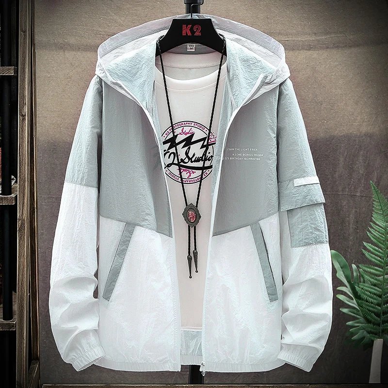 Summer Men's Sun Protection Shirt Thin Quick Drying Hood Windproof Jacket Breathable Letter Print Casual and Versatile Cardigan