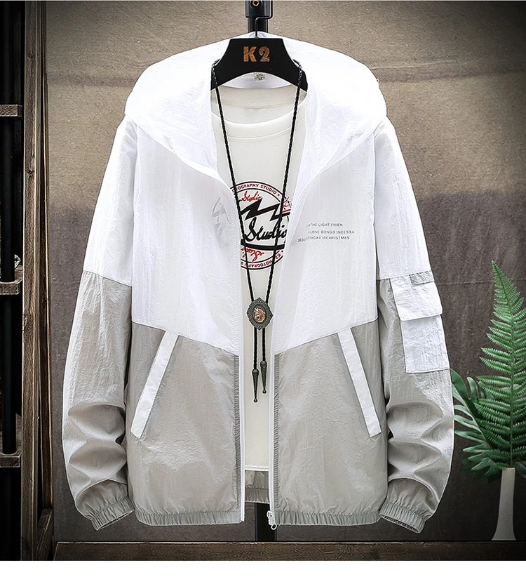 Summer Men's Sun Protection Shirt Thin Quick Drying Hood Windproof Jacket Breathable Letter Print Casual and Versatile Cardigan
