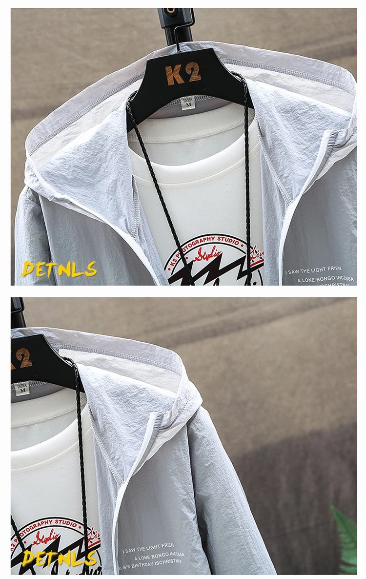 Summer Men's Sun Protection Shirt Thin Quick Drying Hood Windproof Jacket Breathable Letter Print Casual and Versatile Cardigan