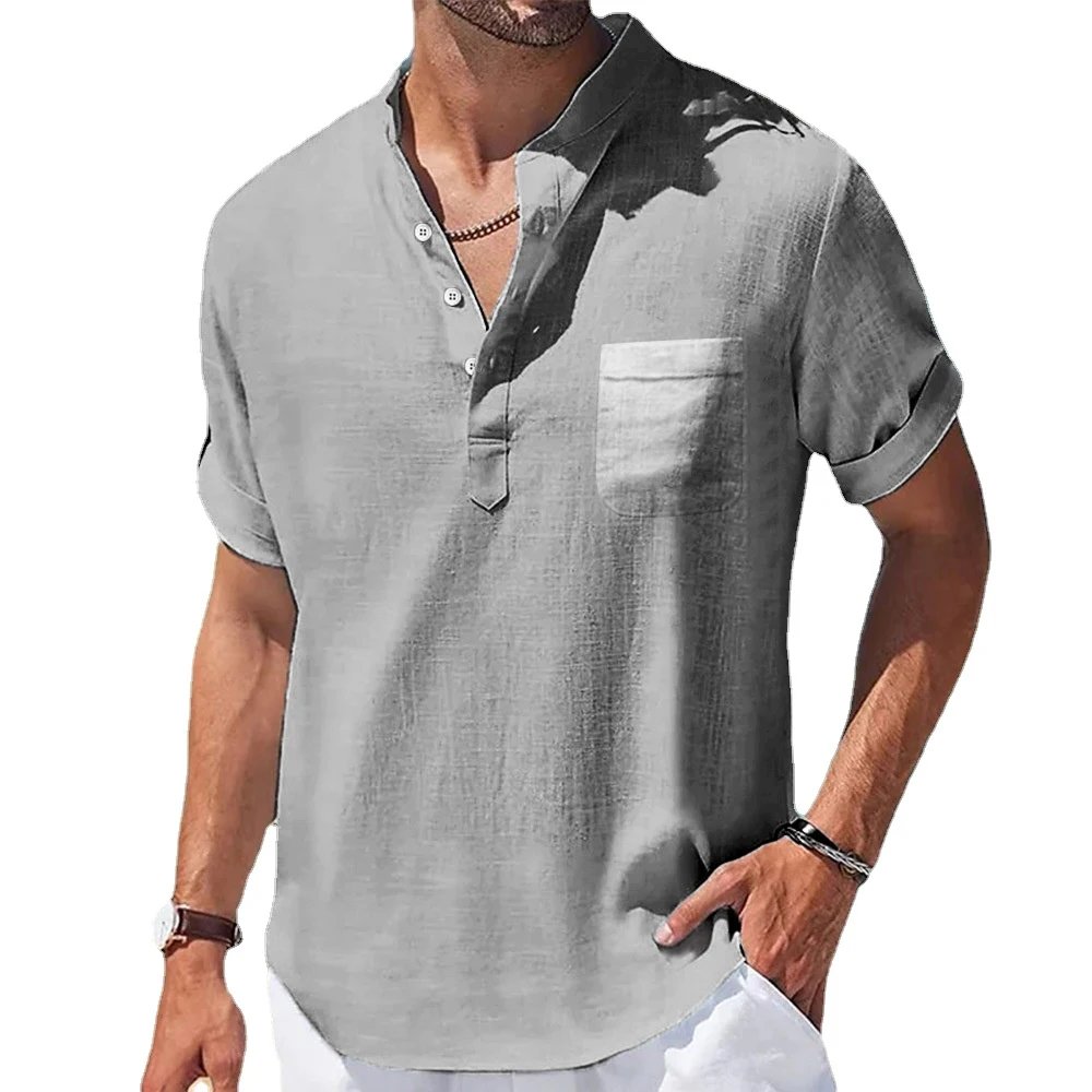 New Men's Casual Stand Up Collar Summer Solid Color Short Sleeve Linen Shirt Trendy Breathable Loose Youth Basic Pocket Top New Men's Casual Stand Up Collar Summer Solid Color Short Sleeve Linen Shirt Trendy Breathable Loose Youth Basic Pocket Top
