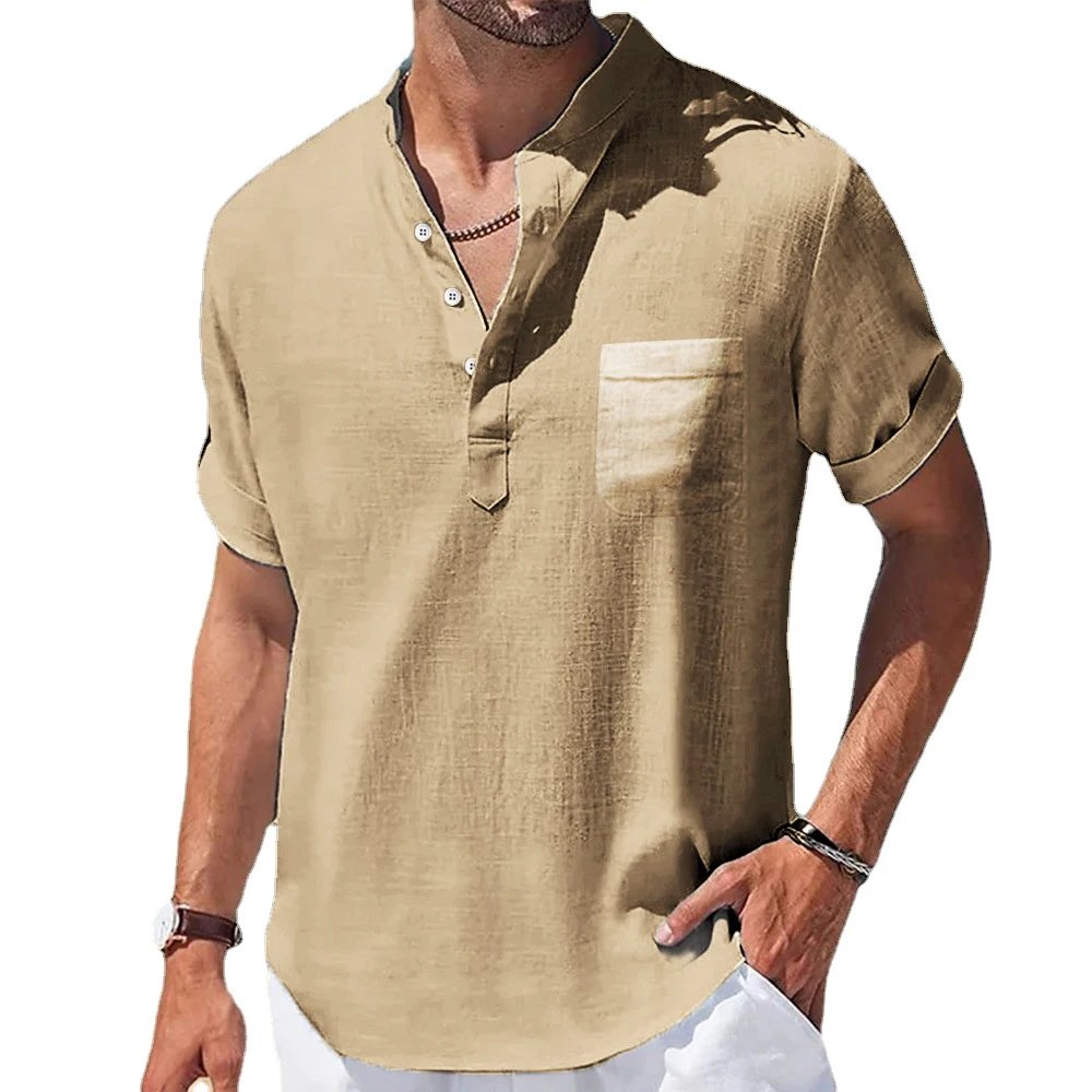 New Men's Casual Stand Up Collar Summer Solid Color Short Sleeve Linen Shirt Trendy Breathable Loose Youth Basic Pocket Top New Men's Casual Stand Up Collar Summer Solid Color Short Sleeve Linen Shirt Trendy Breathable Loose Youth Basic Pocket Top