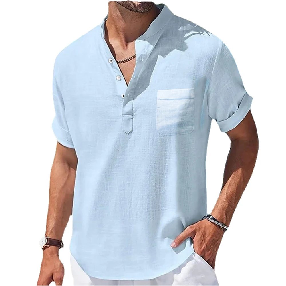 New Men's Casual Stand Up Collar Summer Solid Color Short Sleeve Linen Shirt Trendy Breathable Loose Youth Basic Pocket Top New Men's Casual Stand Up Collar Summer Solid Color Short Sleeve Linen Shirt Trendy Breathable Loose Youth Basic Pocket Top