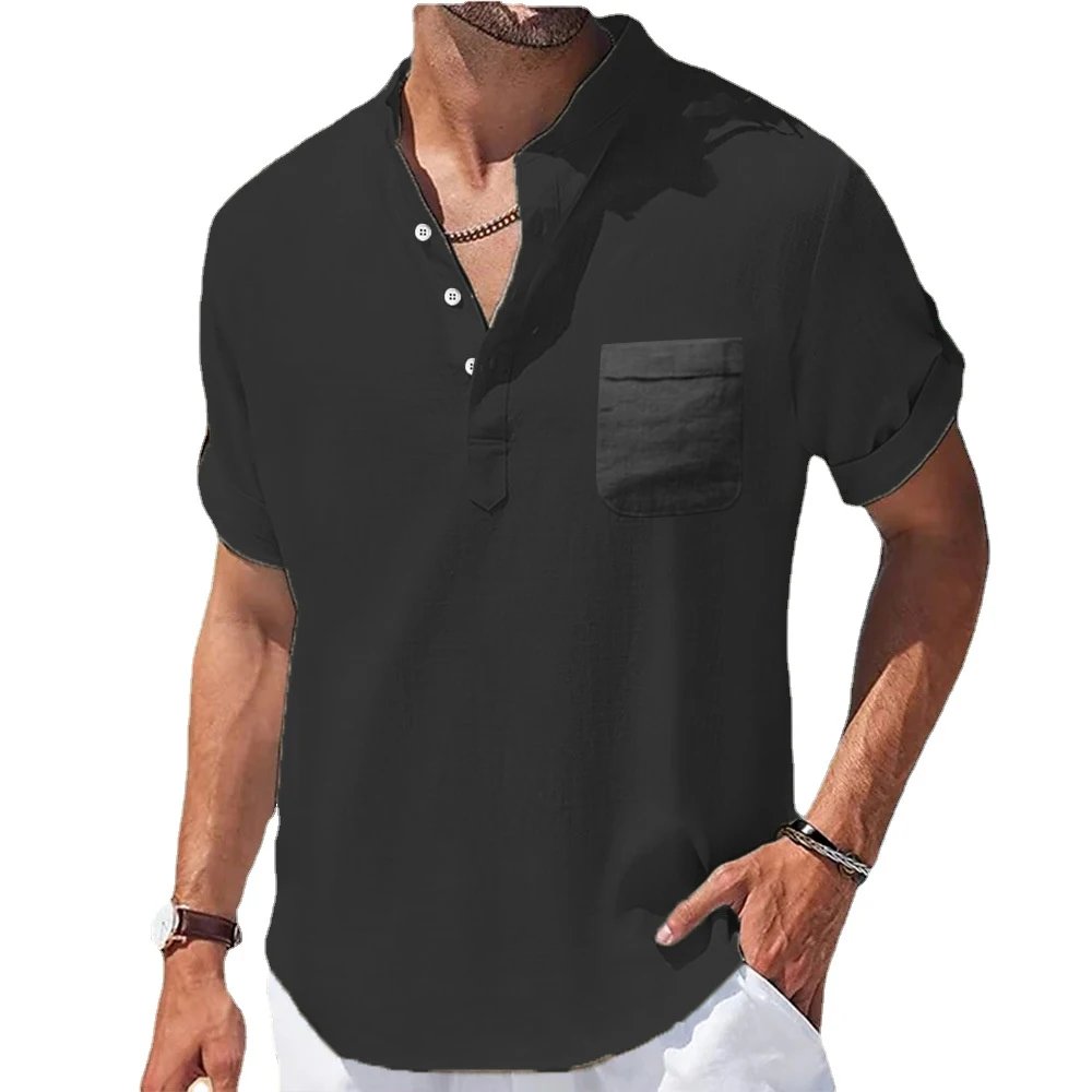 New Men's Casual Stand Up Collar Summer Solid Color Short Sleeve Linen Shirt Trendy Breathable Loose Youth Basic Pocket Top New Men's Casual Stand Up Collar Summer Solid Color Short Sleeve Linen Shirt Trendy Breathable Loose Youth Basic Pocket Top