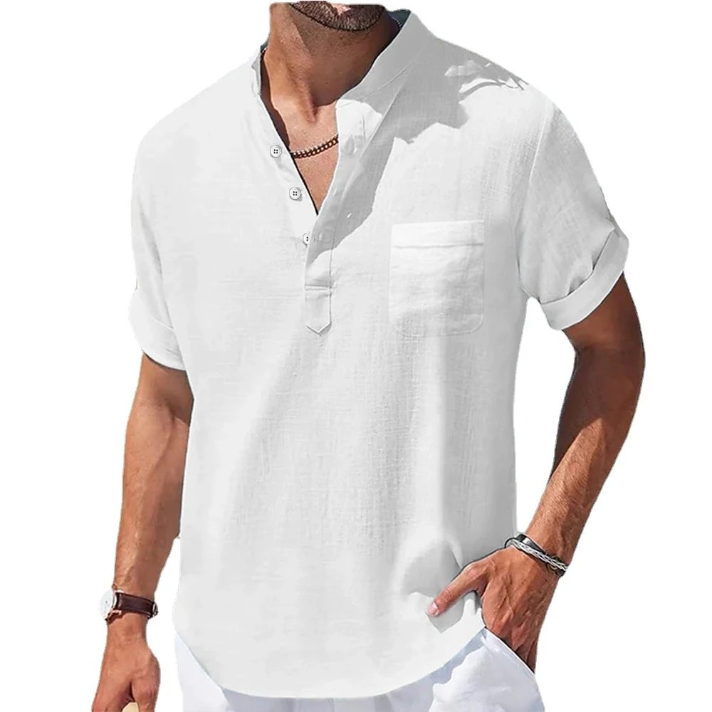 New Men's Casual Stand Up Collar Summer Solid Color Short Sleeve Linen Shirt Trendy Breathable Loose Youth Basic Pocket Top New Men's Casual Stand Up Collar Summer Solid Color Short Sleeve Linen Shirt Trendy Breathable Loose Youth Basic Pocket Top