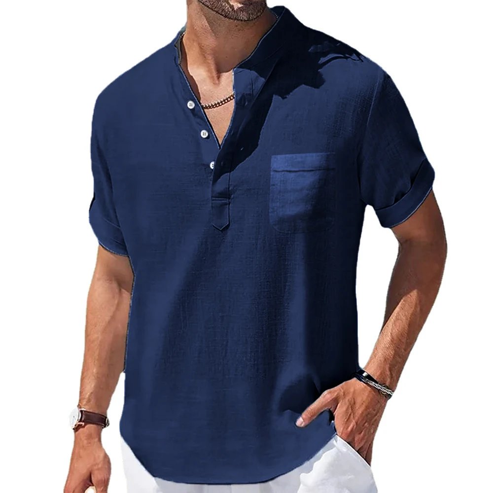 New Men's Casual Stand Up Collar Summer Solid Color Short Sleeve Linen Shirt Trendy Breathable Loose Youth Basic Pocket Top New Men's Casual Stand Up Collar Summer Solid Color Short Sleeve Linen Shirt Trendy Breathable Loose Youth Basic Pocket Top