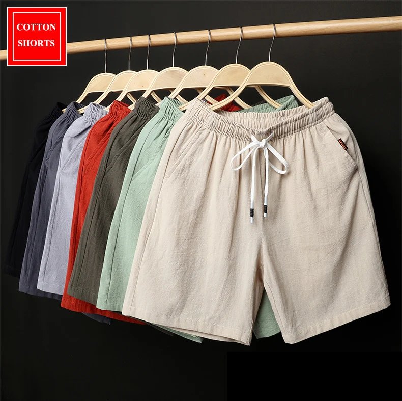 Summer Shorts Men Solid Casual Shorts Men 100% Cotton Cargo Shorts Brand Beach Shorts Cotton Linen Boardshort Asia Size M-9XL