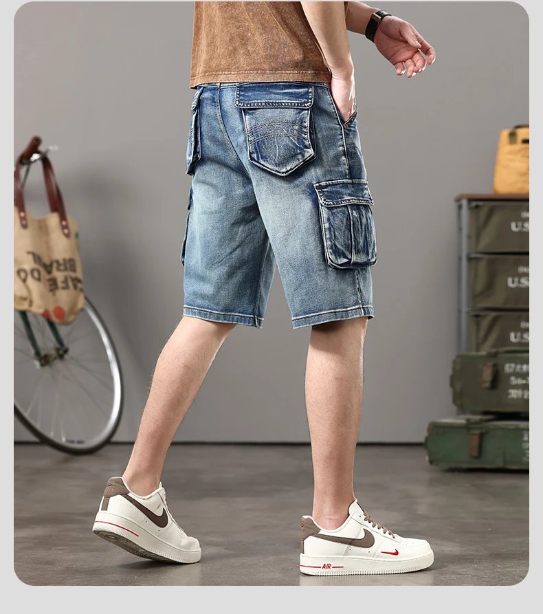 Summer new elastic American retro multi -pocket tools for denim shorts, men's pants pants loose, large size three -color