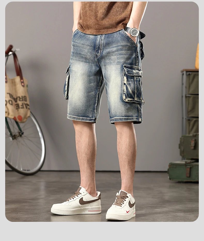Summer new elastic American retro multi -pocket tools for denim shorts, men's pants pants loose, large size three -color