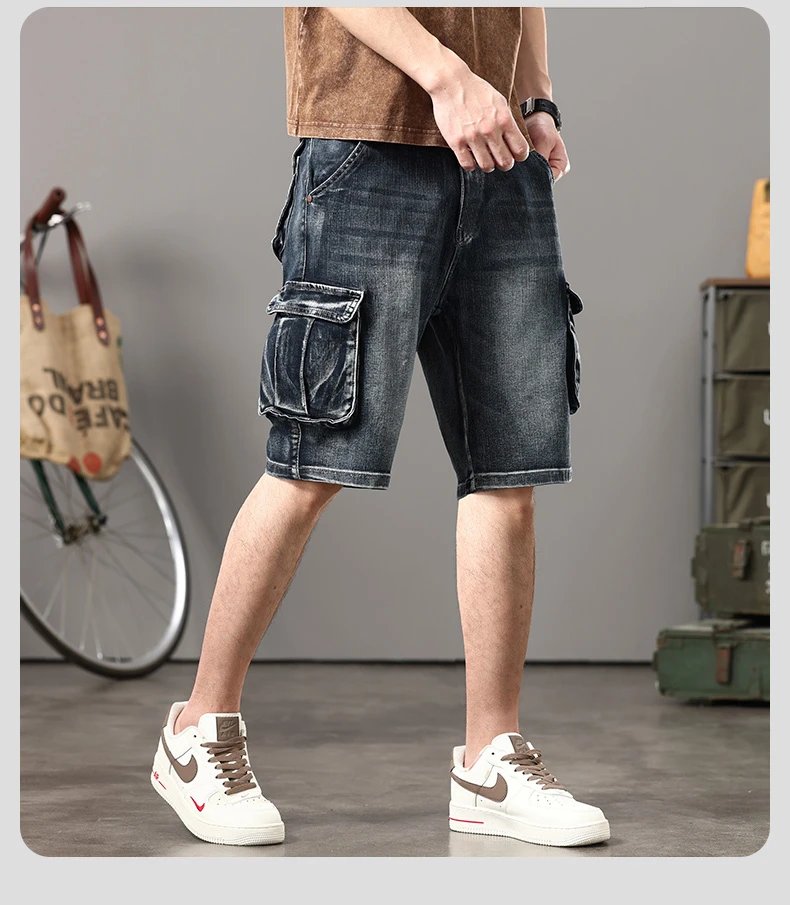 Summer new elastic American retro multi -pocket tools for denim shorts, men's pants pants loose, large size three -color