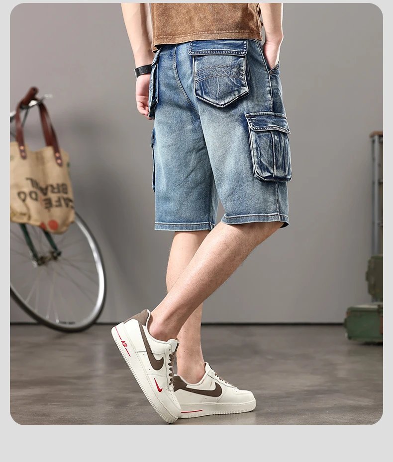 Summer new elastic American retro multi -pocket tools for denim shorts, men's pants pants loose, large size three -color