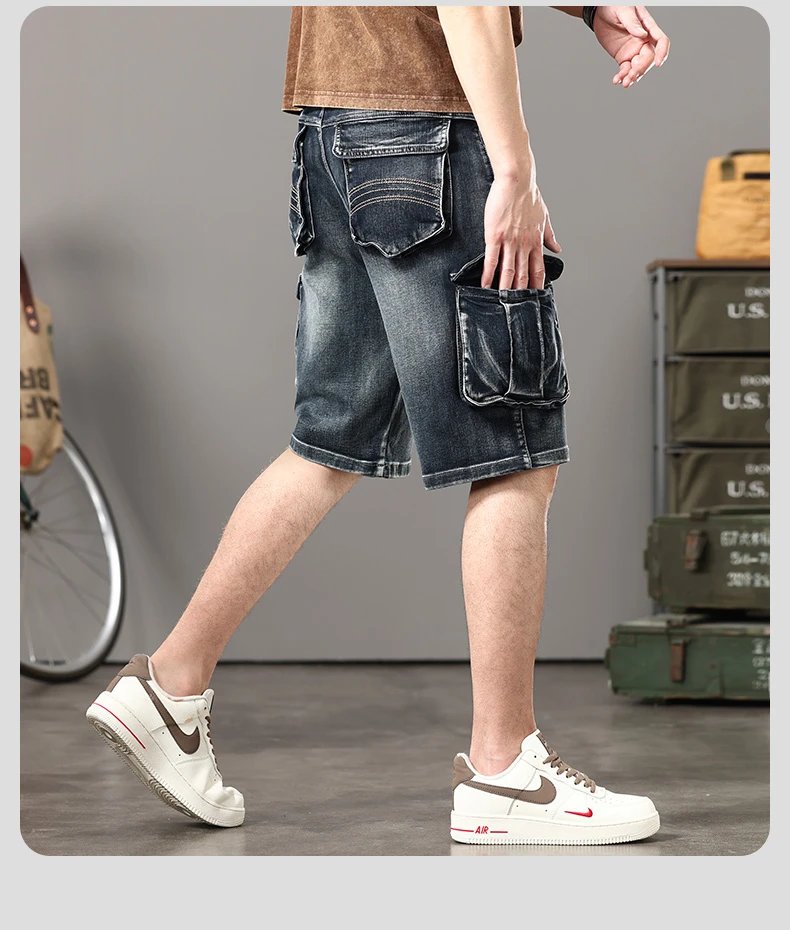 Summer new elastic American retro multi -pocket tools for denim shorts, men's pants pants loose, large size three -color