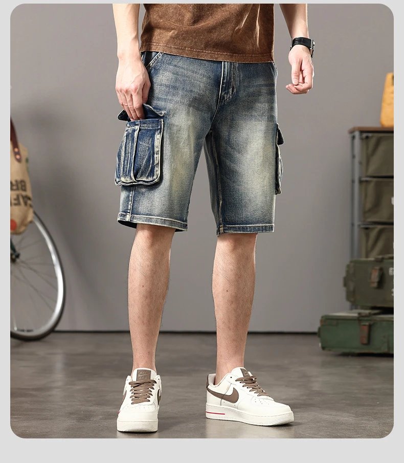 Summer new elastic American retro multi -pocket tools for denim shorts, men's pants pants loose, large size three -color