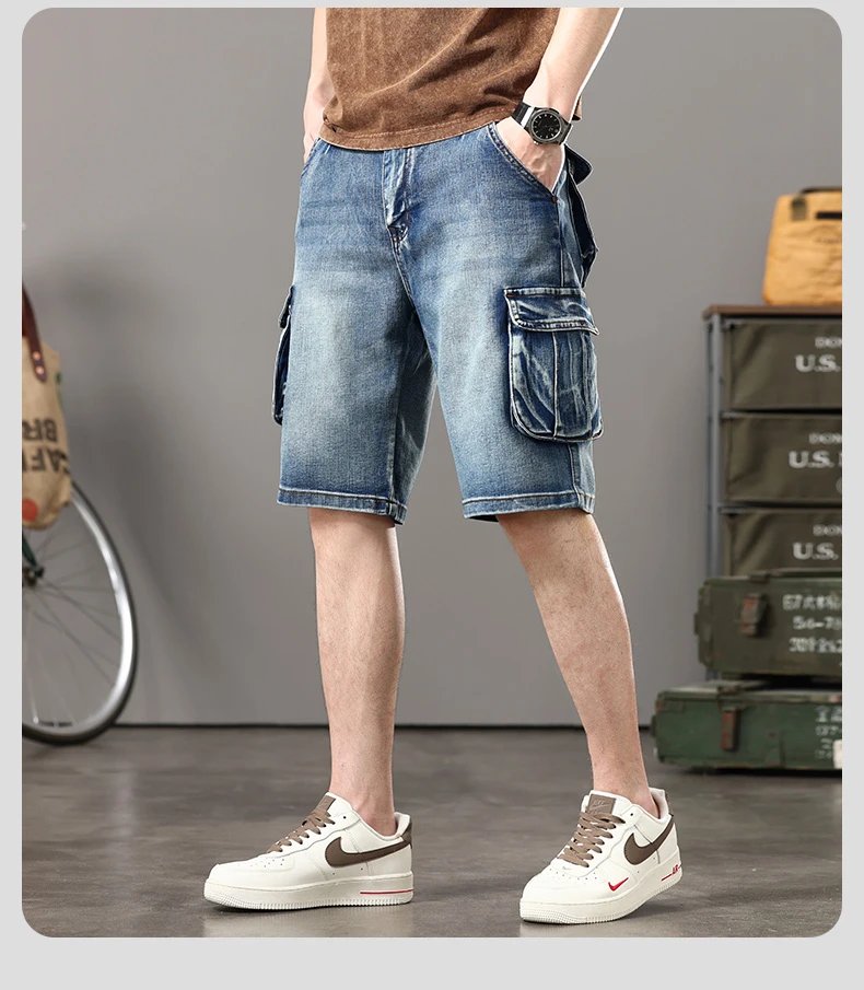 Summer new elastic American retro multi -pocket tools for denim shorts, men's pants pants loose, large size three -color