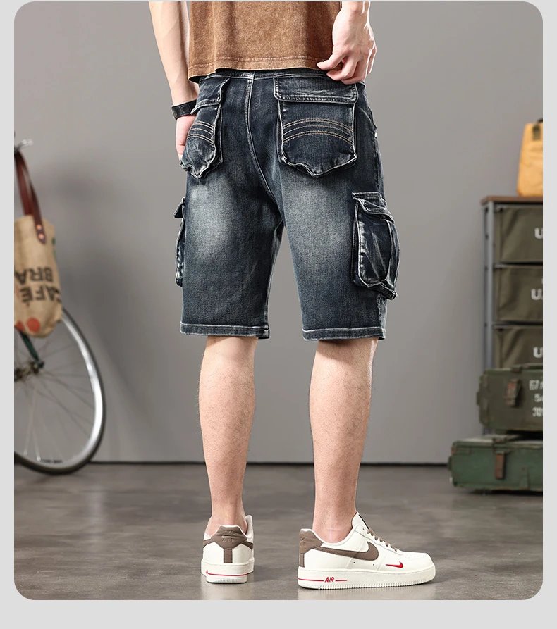 Summer new elastic American retro multi -pocket tools for denim shorts, men's pants pants loose, large size three -color