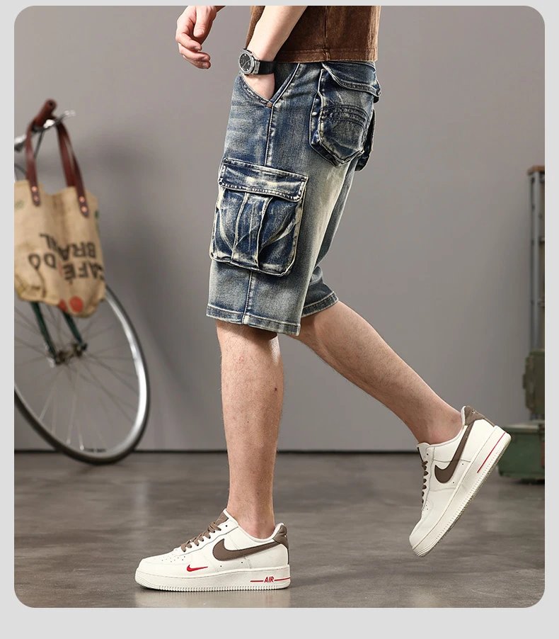 Summer new elastic American retro multi -pocket tools for denim shorts, men's pants pants loose, large size three -color
